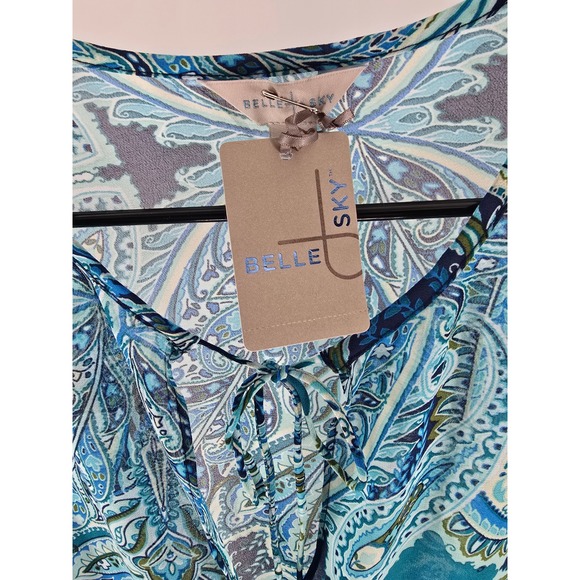 Belle Sky Blue Paisley Peplum Blouse V-Neck Tie Front Sheer Long Sleeve Top L - Picture 2 of 4